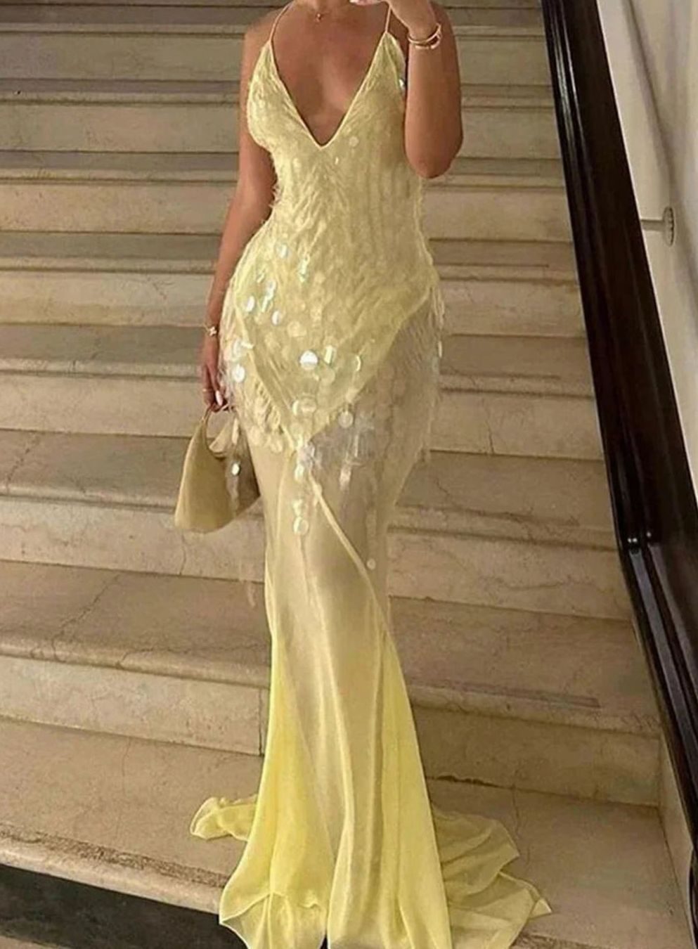 Women's Yellow Sequin Maxi Dress Open Crossover Back V-Neck