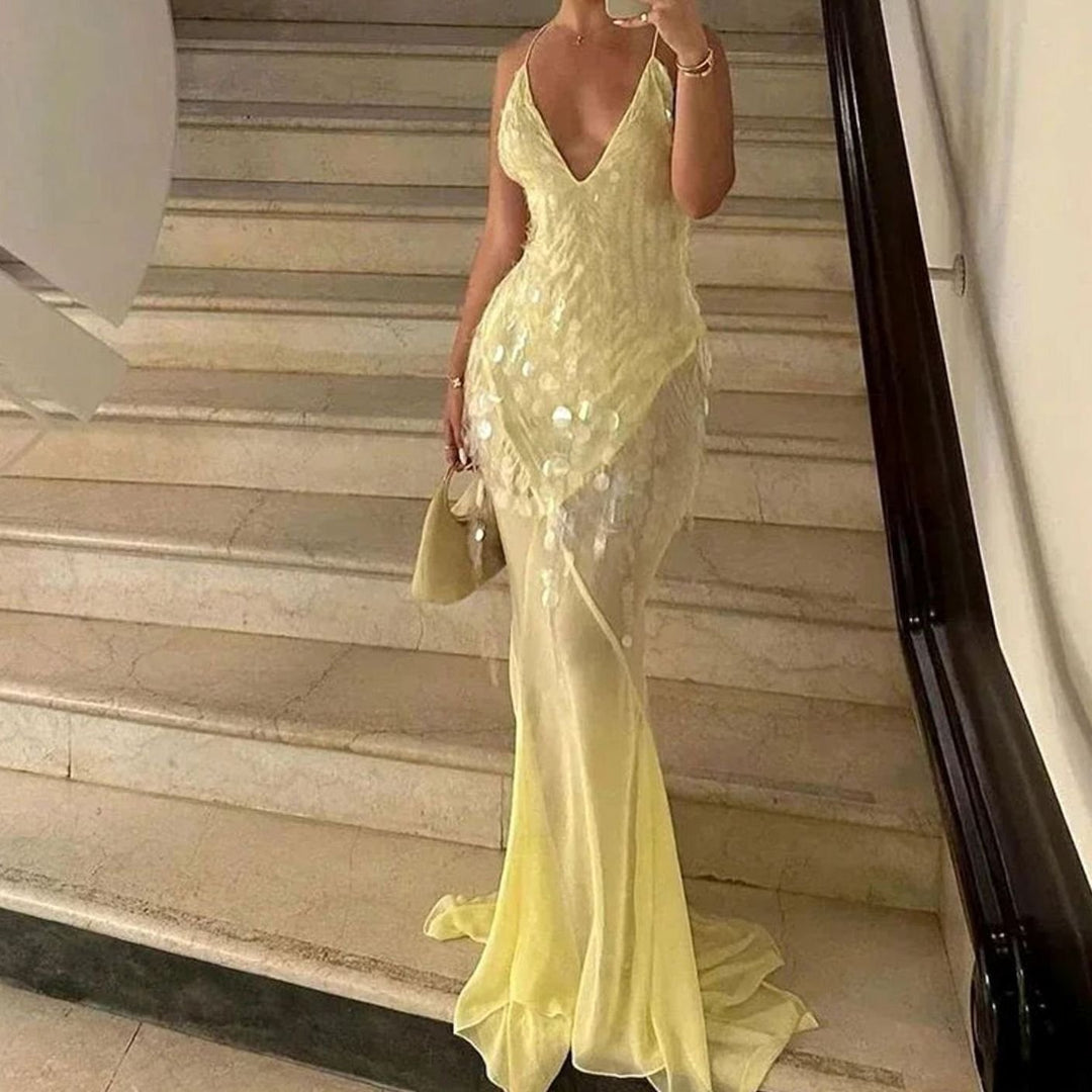Women's Yellow Sequin Maxi Dress Open Crossover Back V-Neck - Yellow
