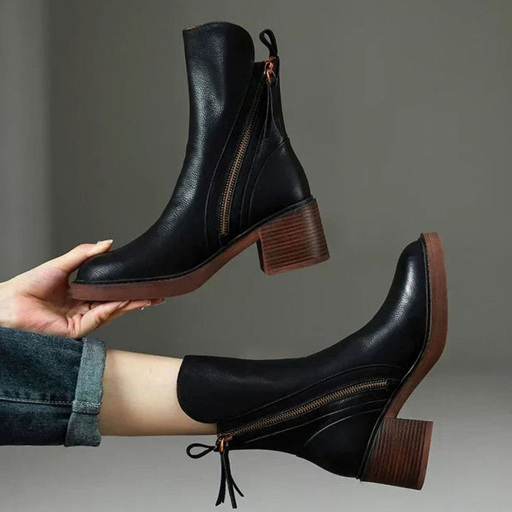 Women's Zip-Up Block Heel Boots Chunky Heel Ankle Boots - Black