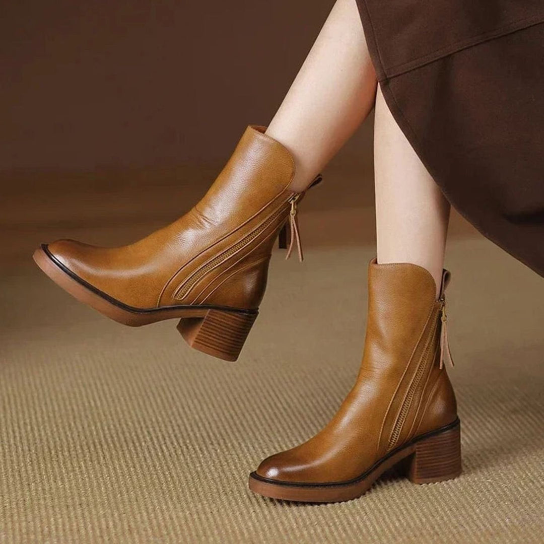 Women's Zip-Up Block Heel Boots Chunky Heel Ankle Boots - Brown