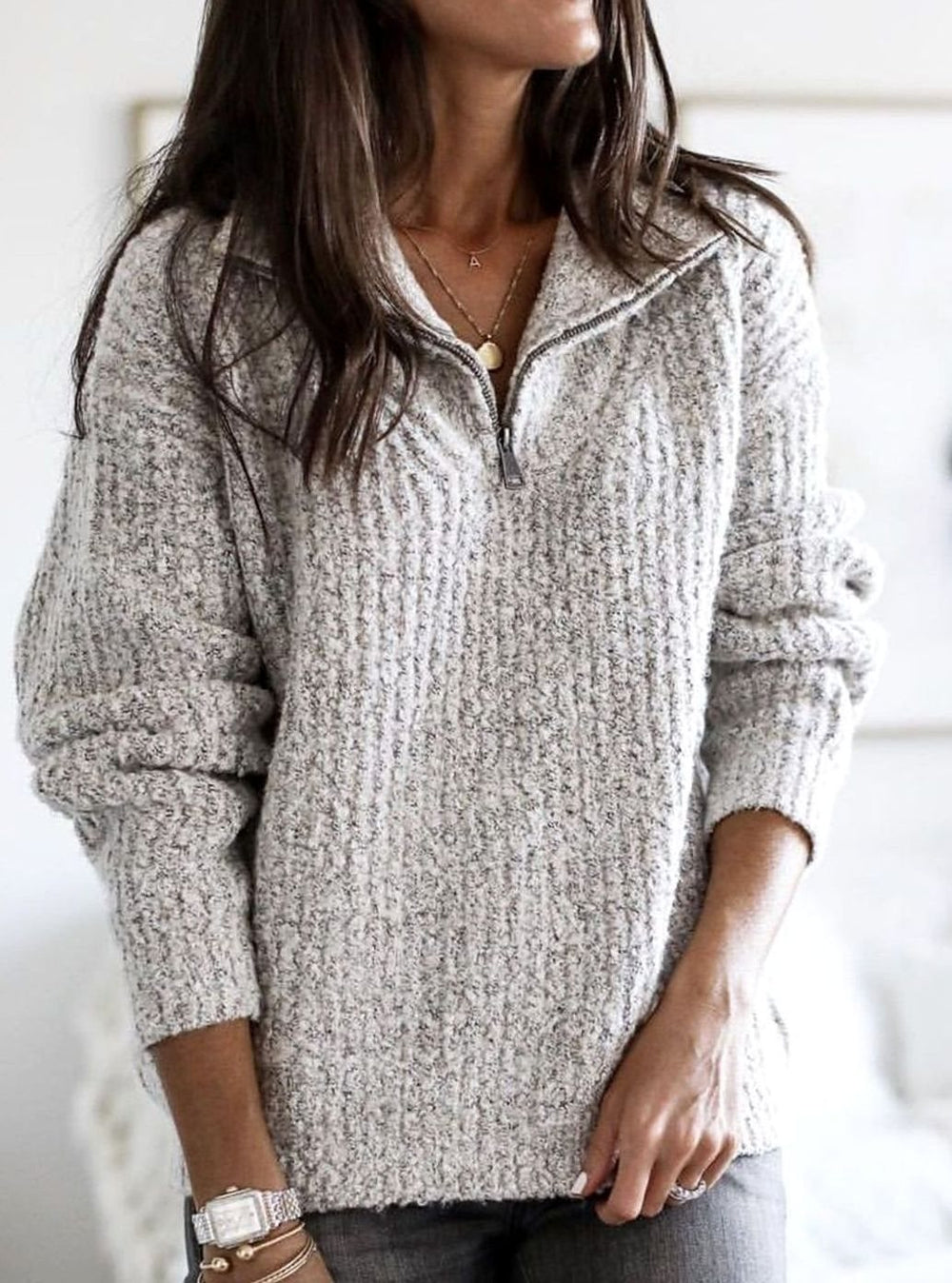Women's Zip-Up Ribbed Sweater Cozy Quarter-Zip Knit Pullover - Grey