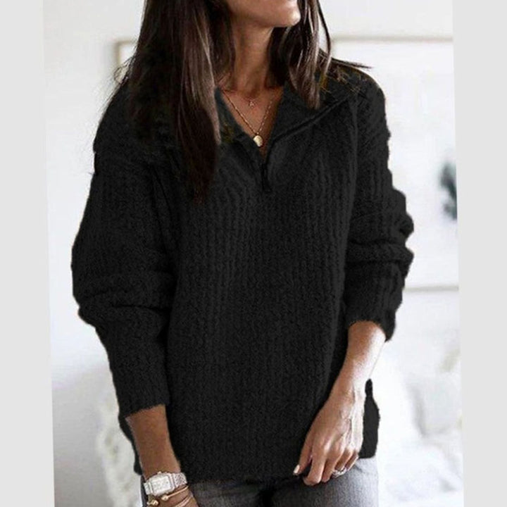 Women's Zip-Up Ribbed Sweater Cozy Quarter-Zip Knit Pullover - Black