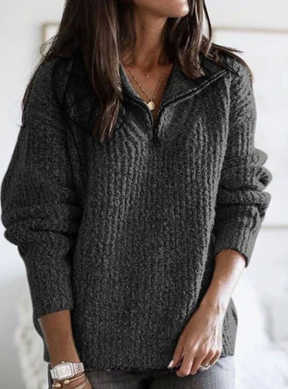 Women's Zip-Up Ribbed Sweater Cozy Quarter-Zip Knit Pullover - Dark Grey