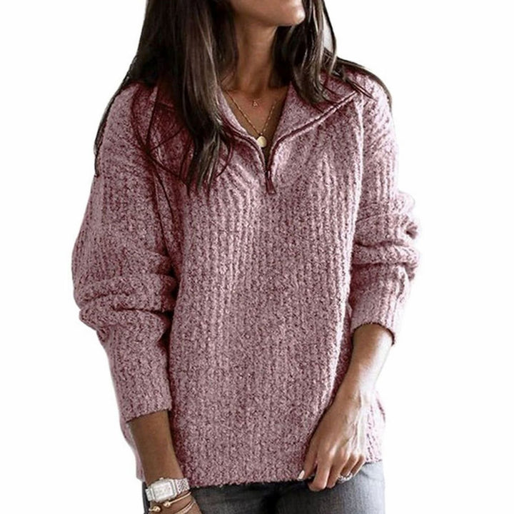 Women's Zip-Up Ribbed Sweater Cozy Quarter-Zip Knit Pullover - Pink