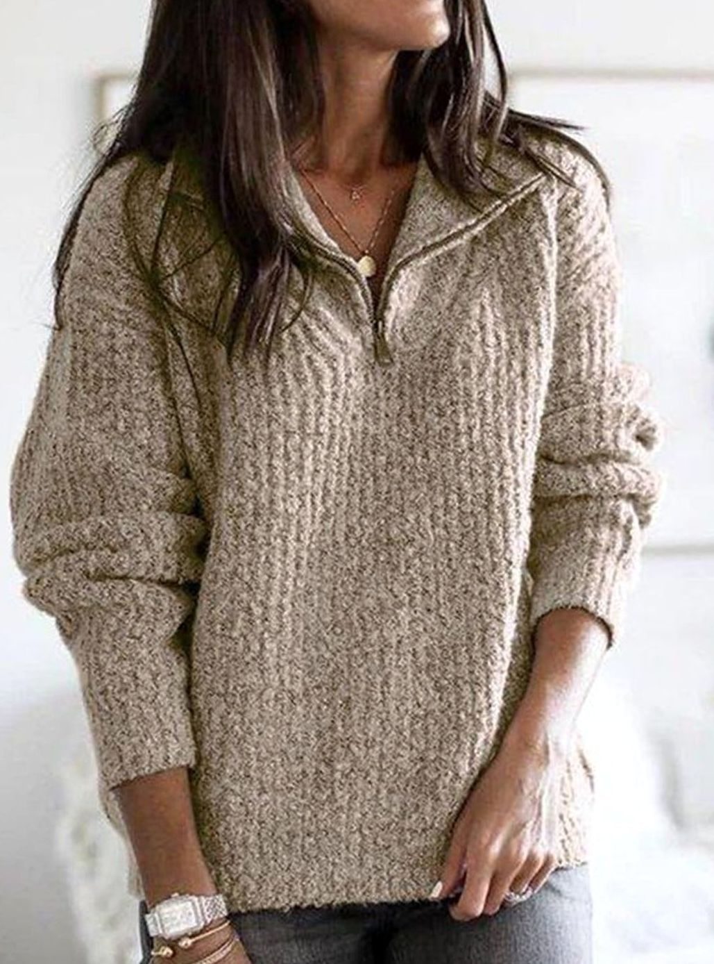 Women's Zip-Up Ribbed Sweater Cozy Quarter-Zip Knit Pullover - Khaki